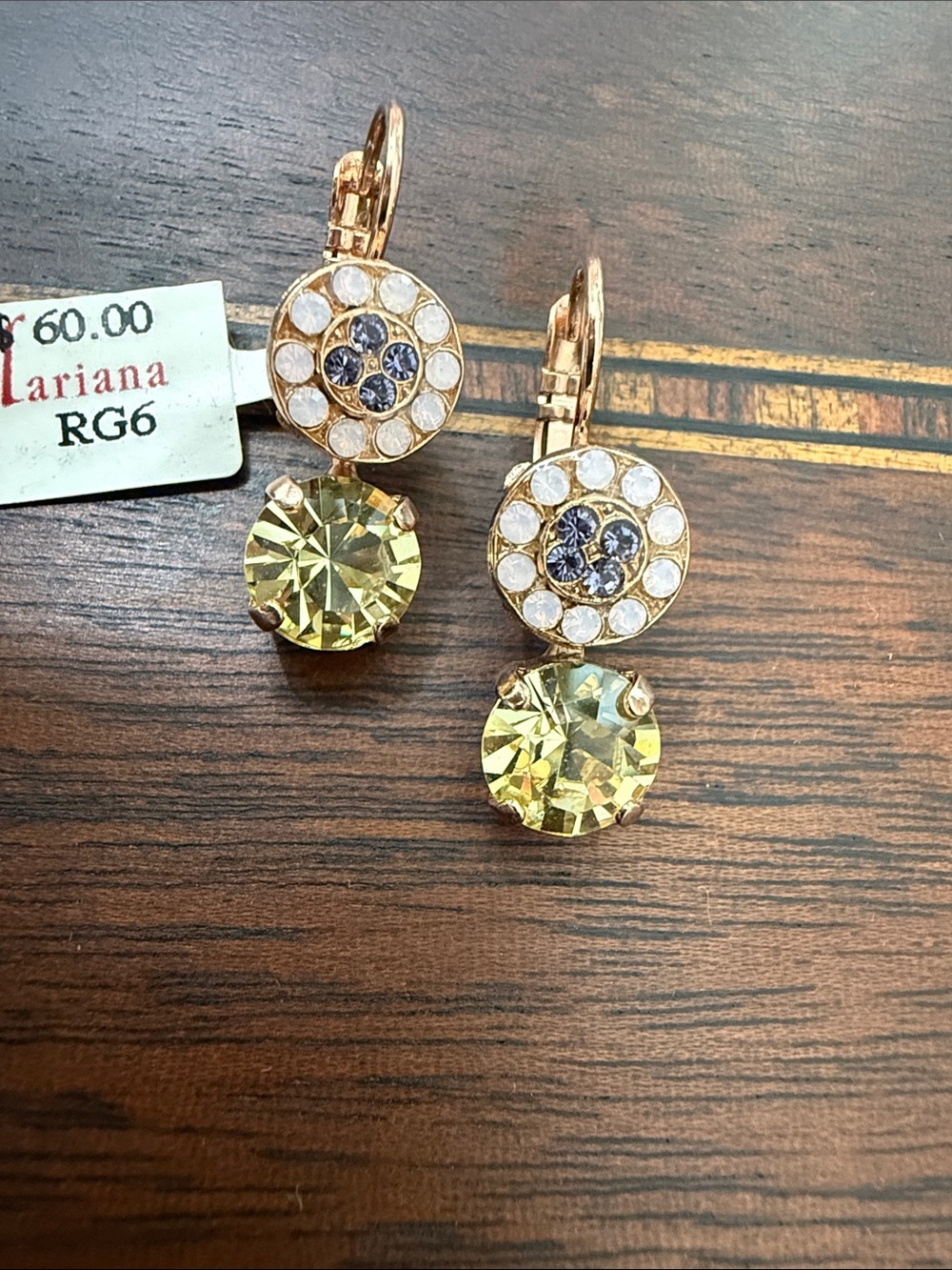Mariana Rose Gold Earrings with pale pink, jonquil Yellow and tanzanite Crystals